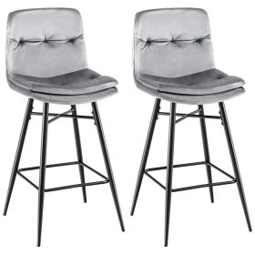 2 Pieces 29 Inch Velvet Bar Stools Set with Tufted Back and Footrests (Color: Gray)